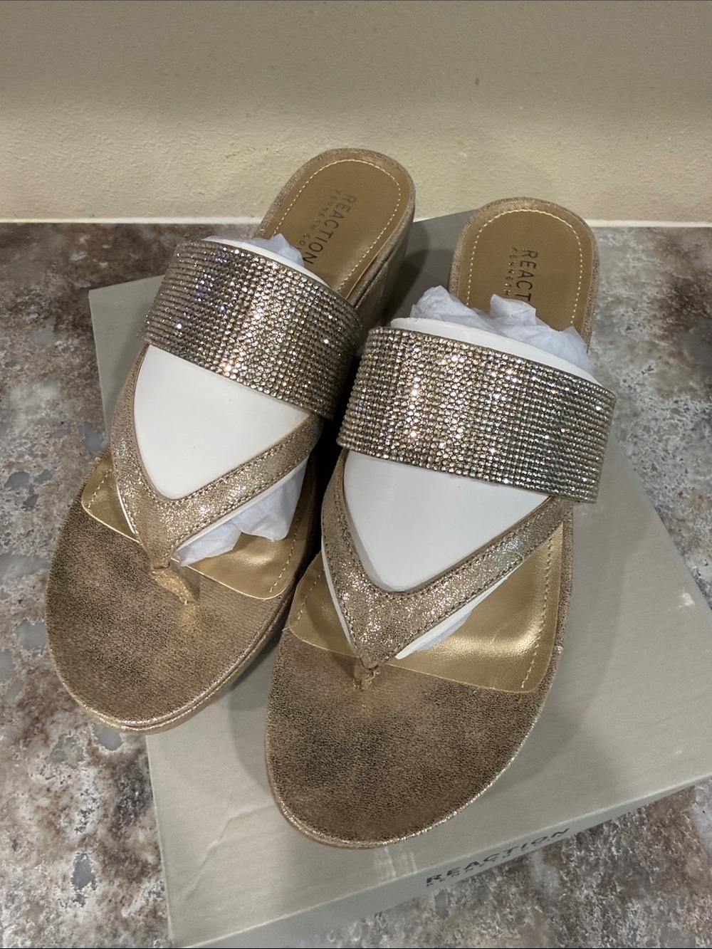Kenneth Cole Reaction Pepea Cross Jewel Wedge Sandal Gold Wedge Sandal